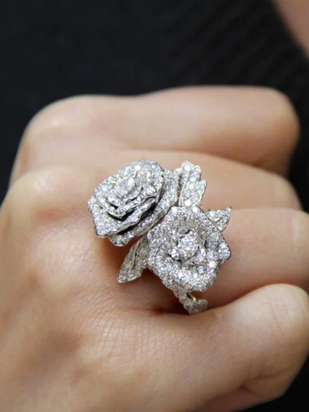 NEW 18k White Gold Rose Diamond Ring Band Statement Ring Large Flower Ring